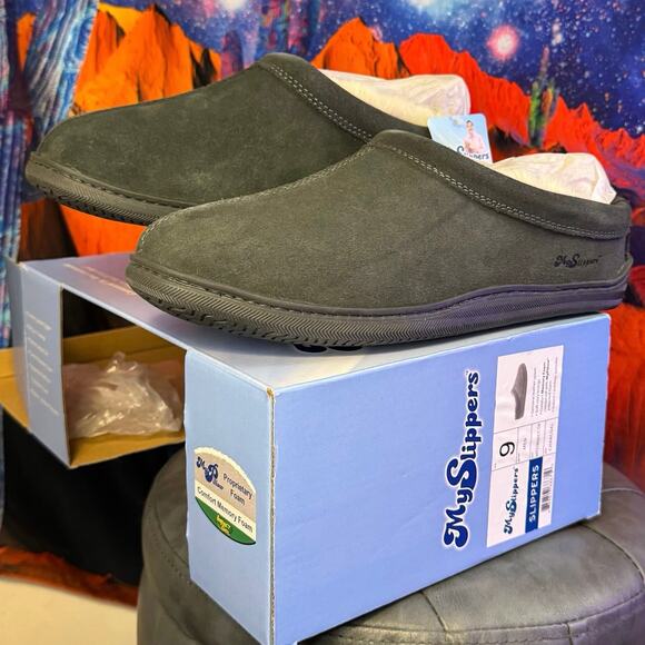•NEW• Men's MySlippers Size 9 - Charcoal Genuine Leather & Memory Foam Comfort - Picture 5 of 11